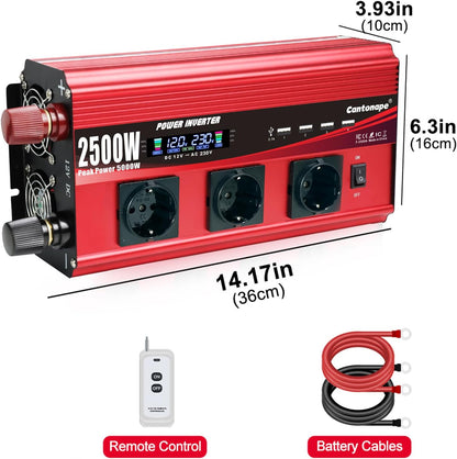 Omvormer, 2500 W/5000 W, gemodificeerde sinusgolf, 12 V naar 230 V, met 3 AC-stopcontacten en 4 x USB-lcd-afstandsbediening