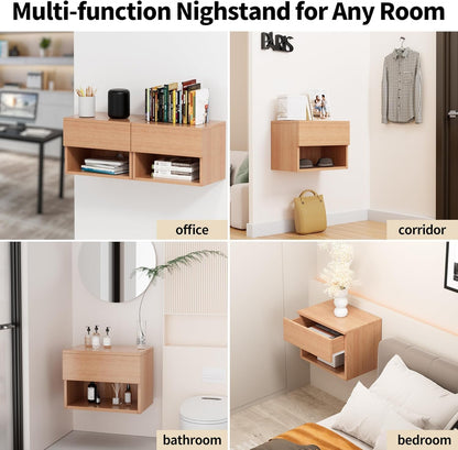 Drijvend nachtkastje, modern wandgemonteerd plank en bureau, bijzettafel houten lade, houten modern nachtkastje voor slaapkamer (beuken TC2, set van 2)