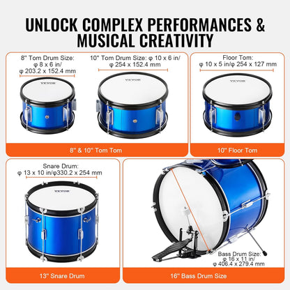 VEVOR 5-delige 40,6 cm Beginner Volledige Set met Bass Toms Snare Floor Verstelbare Troon Bekken Hi-Hat Pedaal en Twee Paar Drumsticks, Starter Drumkit voor Kind Kinderen, Blauw (SH-002-BL)