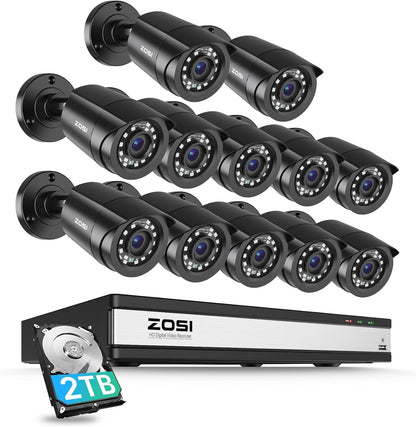 ZOSI 1080P Outdoor Bewakingscamera Set, 16CH DVR met 12x 2MP Beveiligingscamera 2TB Harde Schijf, Bewegings Detectie en Direct Alarm, Toegang op Afstand