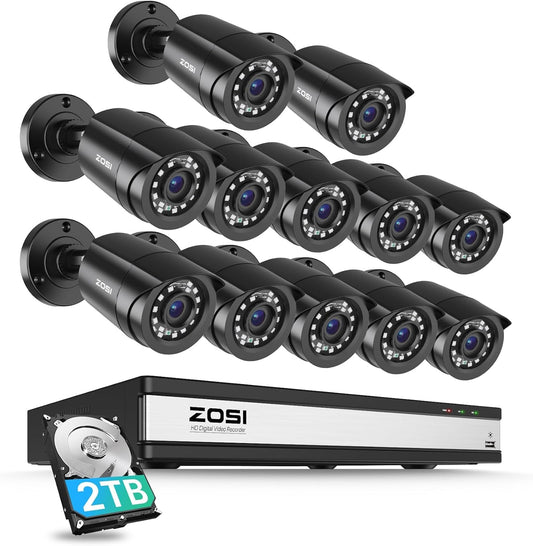 ZOSI 1080P Outdoor Bewakingscamera Set, 16CH DVR met 12x 2MP Beveiligingscamera 2TB Harde Schijf, Bewegings Detectie en Direct Alarm, Toegang op Afstand