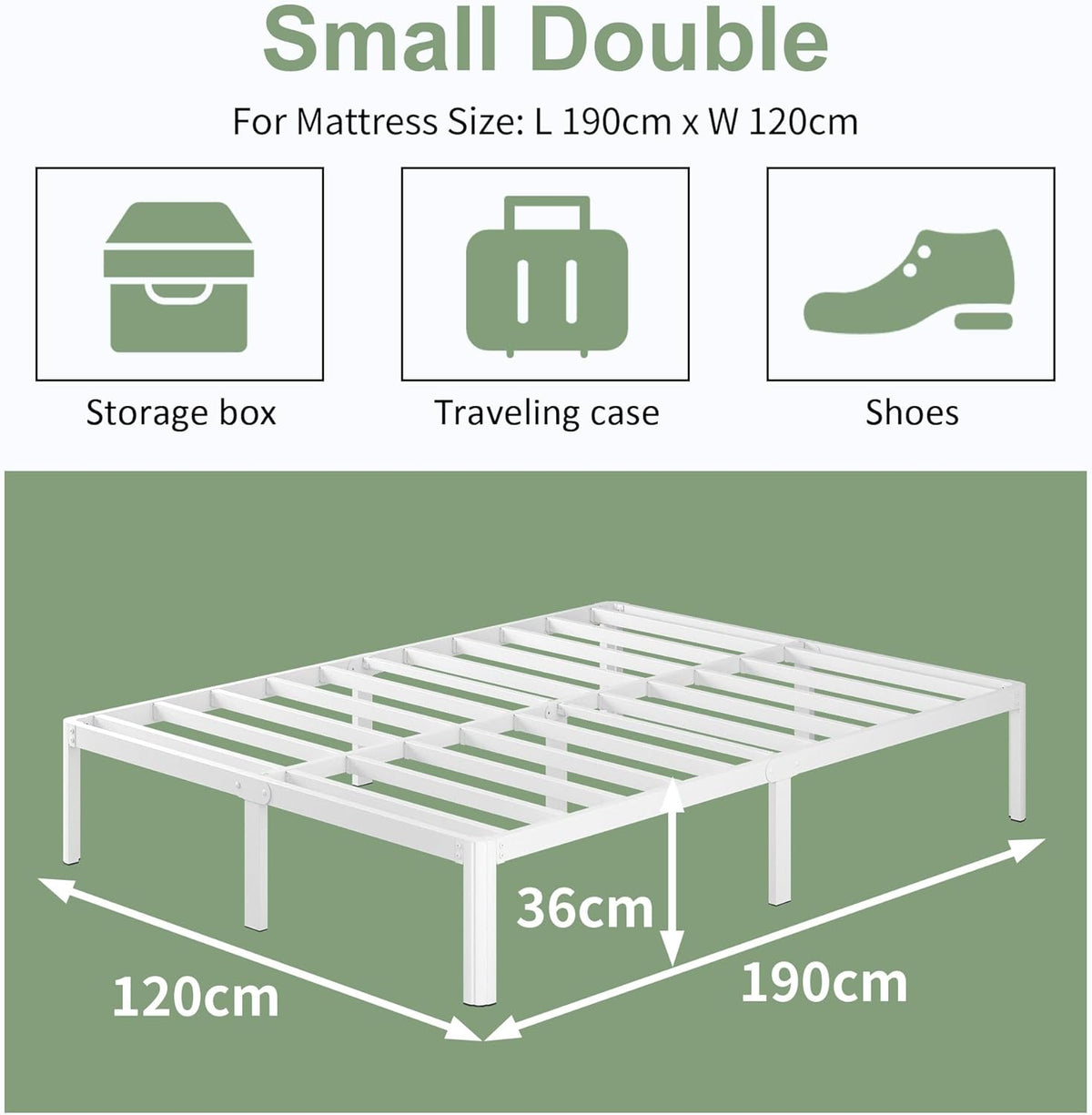 Metalen Bed 120x190 cm met Ronde Poten, Hoogte 36cm Tweepersoonsbed Frame met Metalens Lattenbodem, Wit