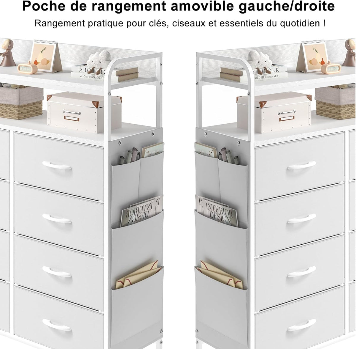 Commode met Laden, Commode Kast met 8 Stoffen Lades, Dressoirs Voor Slaapkamer met 2-Laags Houten Blad, Metalen Frame, Woonkamer, Wit