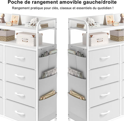 Commode met Laden, Commode Kast met 8 Stoffen Lades, Dressoirs Voor Slaapkamer met 2-Laags Houten Blad, Metalen Frame, Woonkamer, Wit
