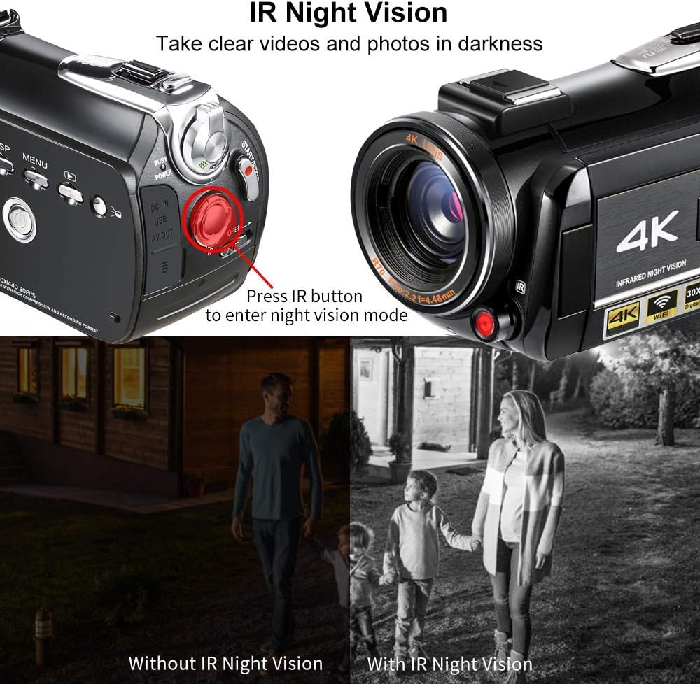 Camcorder 4K-Videocamera – Videocamera – Vlogcamera – HD-Camcorder – 4K-Camera – IR-Nachtzicht – WiFi-Bediening Met Microfoon, LED-Videolamp En Groothoeklens