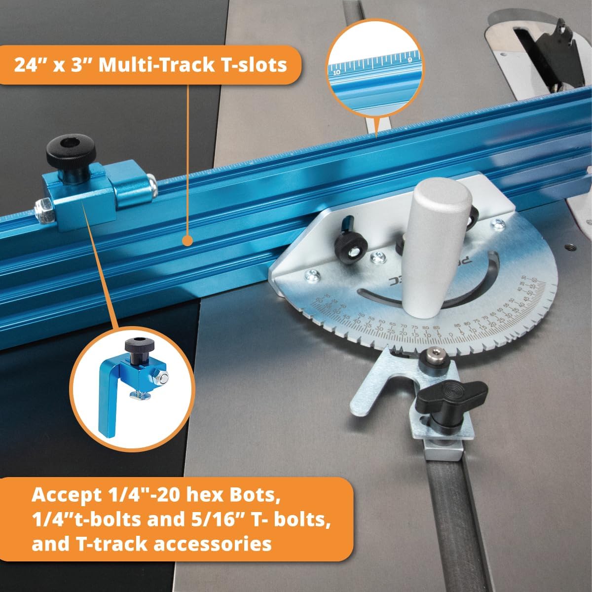 POWERTEC 71391 Tafelzaag Precisie Mijter Gauge Systeem 24" x 3" Multi –Track Fence met 27 Hoekstops