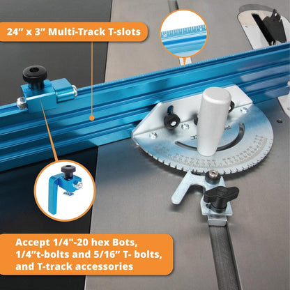 POWERTEC 71391 Tafelzaag Precisie Mijter Gauge Systeem 24" x 3" Multi –Track Fence met 27 Hoekstops