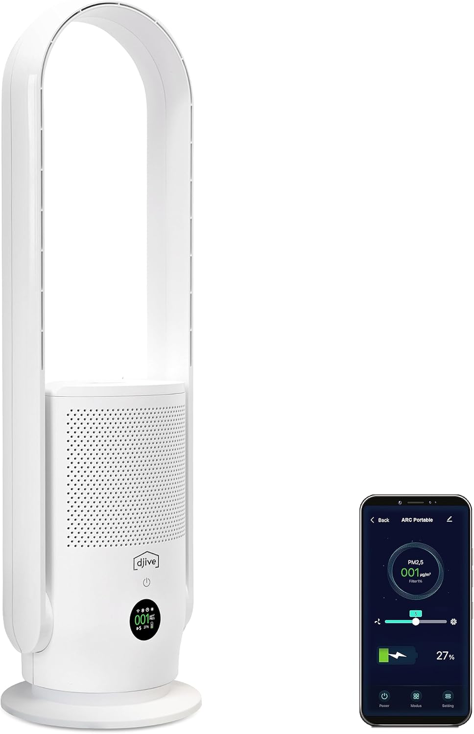 djive ARC draadloze ventilator 2in1 mobiele torenventilator & luchtreiniger, 6 uur batterij, draagbare, rotorloze standventilator met 9 snelheden, stil, met afstandsbediening, app, Alexa, H14, wit