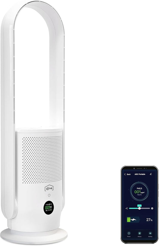 djive ARC draadloze ventilator 2in1 mobiele torenventilator & luchtreiniger, 6 uur batterij, draagbare, rotorloze standventilator met 9 snelheden, stil, met afstandsbediening, app, Alexa, H14, wit