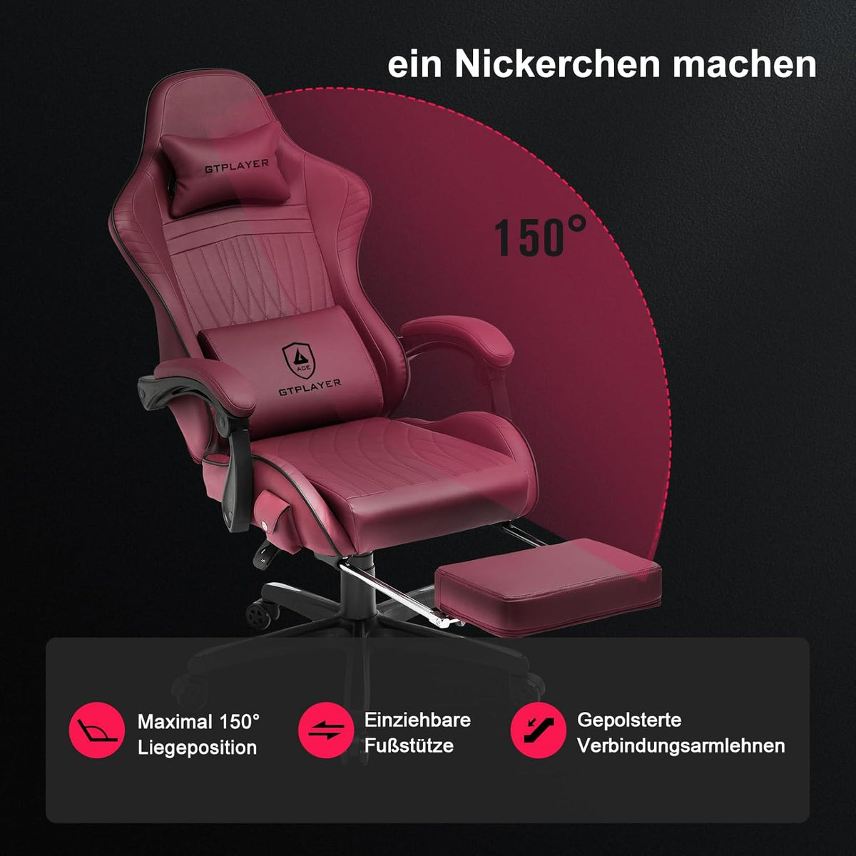 GTPLAYER Ergonomic Gaming Chair, Office Chair, Racing Chair with Footrest and Speakers, Load Up to 150 kg, Red - QUORE