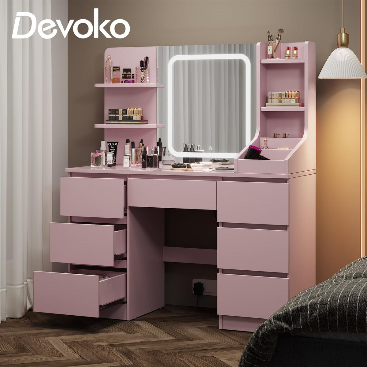 Devoko Large Dressing Table with Adjustable LED Lights and Drawer, Makeup Table with Mirror, Makeup Table with 7 Drawers, 4Open Storage Shelves, Modern Bedroom Furniture for Girls,110 x 40cm(Pink) - QUORE