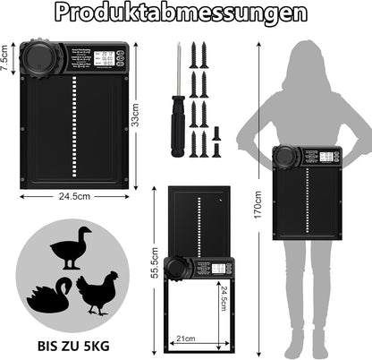 Aluminium automatische kippenklep, batterij, elektrische kippenklep met waterdicht, groot display, timer, handmatig, automatische kippendeur, intelligente klembeveiliging