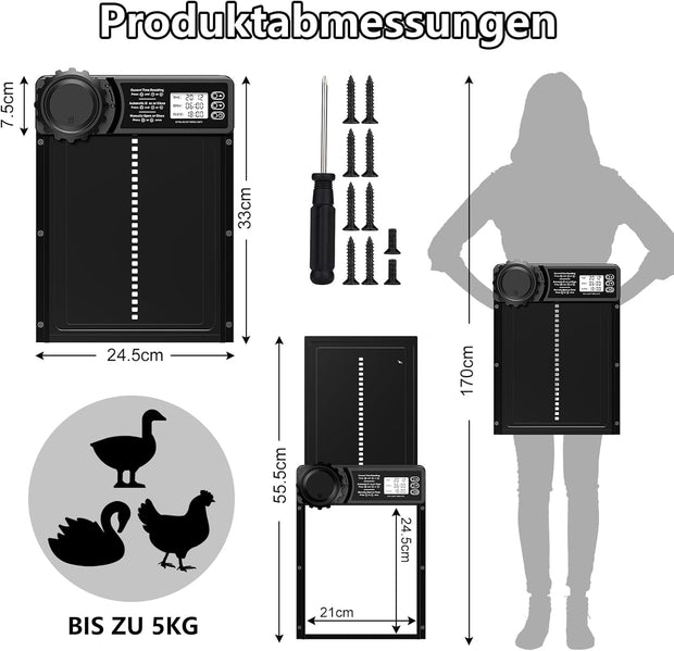 Aluminium automatische kippenklep, batterij, elektrische kippenklep met waterdicht, groot display, timer, handmatig, automatische kippendeur, intelligente klembeveiliging