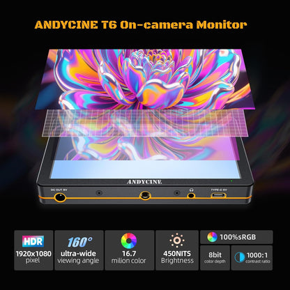 ANDYCINE T6 6 inch camera monitor aluminium shell 4K 60Hz HDMI HDR 1920x1080 alle golfvorm, 3D-lut met batterij en draagtas