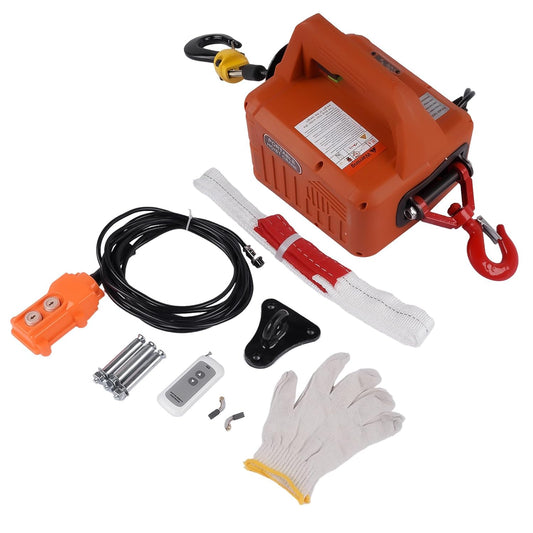 Elektrische lier 500 kg draagbaar, 1500 W kabel met draadloze afstandsbediening, 7,6 m maximale hefhoogte 5 m/min, 230 V (oranje + zwart) Hopzty