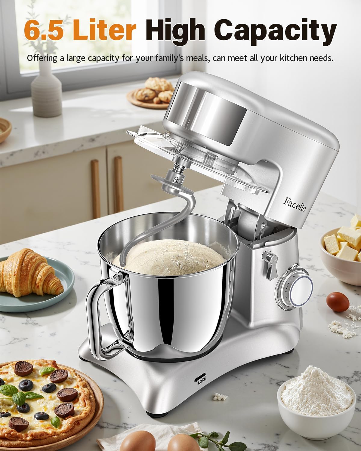 Facelle Keukenmachine, roerapparaten & mixer, 6,5 l roestvrijstalen mengkommen kneedmachine, 10 snelheden + pulsfunctie deegmachine, deegkneedmachine incl. 3-delige patisserieset