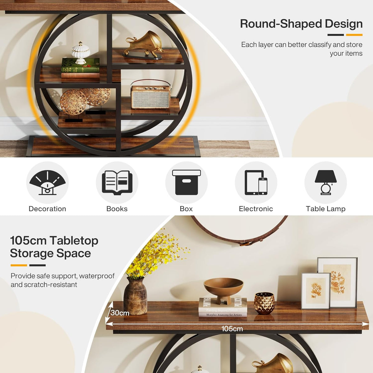 Tribesigns Console Table, 105cm Industrial 6 Tier Sofa Table, Entrance Table with Circle Base, Narrow Wooden Accent Tables with Storage Shelves for Living Room, Hallway, Foyer, Rustic Brown