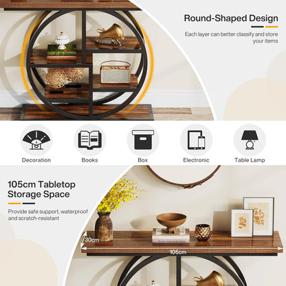 Tribesigns Console Table, 105cm Industrial 6 Tier Sofa Table, Entrance Table with Circle Base, Narrow Wooden Accent Tables with Storage Shelves for Living Room, Hallway, Foyer, Rustic Brown