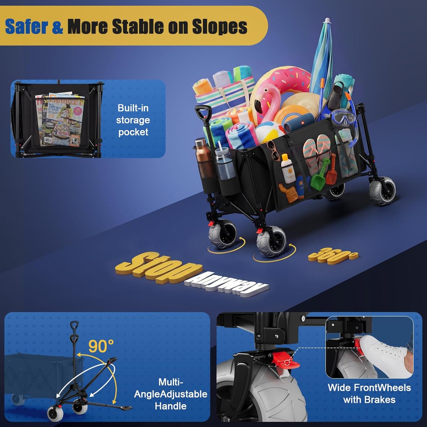 JUMMICO Opvouwbare trolley voor alle terreinen, 200 l, met parkeerrem, 150 kg, afneembare PU-wielen en verstelbare handgreep, zijtas 25 l, robuust, voor strand, park, winkelen, camping