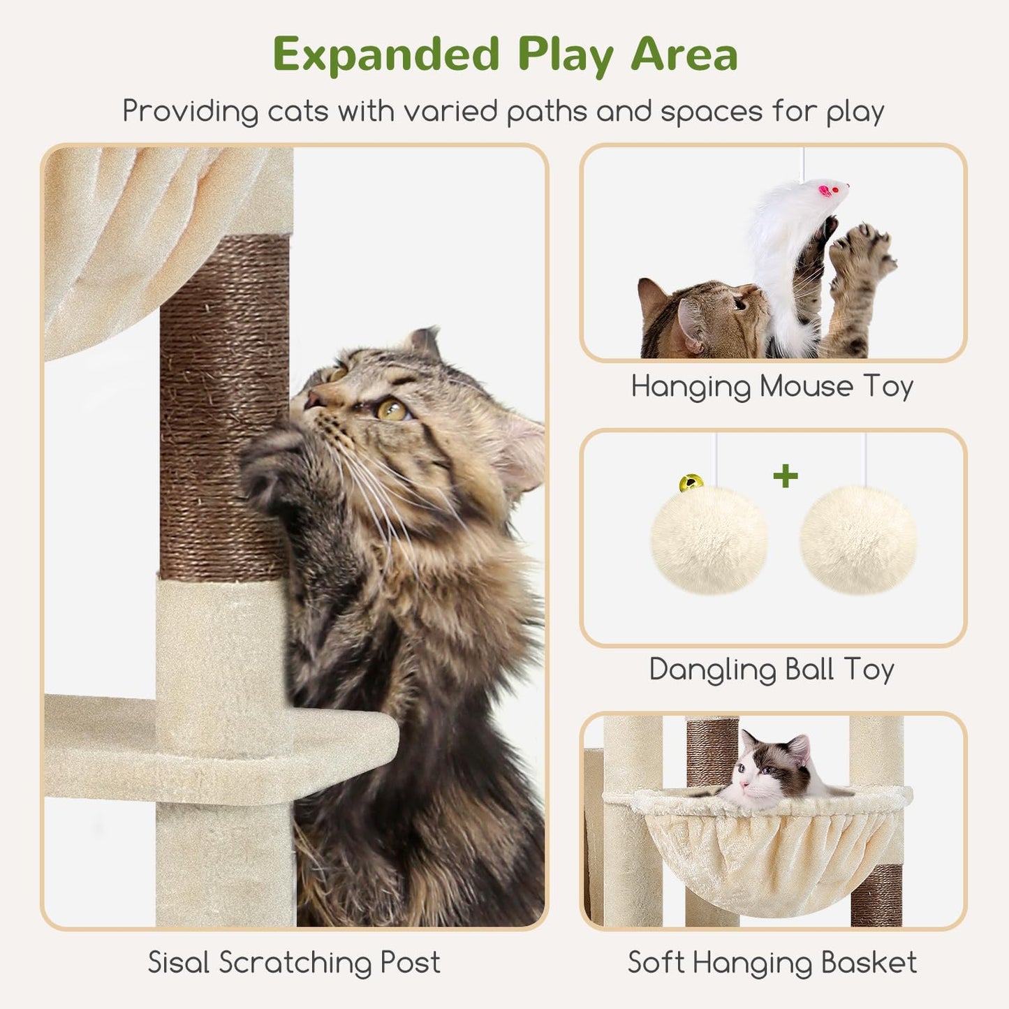 Krabpaal – Kattenboom – Kattenhuis – Kattenmeubel – Kattenmand – XL 213 cm Hoog – Luxe Sisal Krabpaal – Stabiel Met 2 Ruime Kattenholen En Gevoerde Zitstangen
