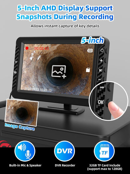 Kanaalcamera, endoscoop, 20 m, 1080p HD inspectiecamera voor de buis met 5 inch scherm, buiscamera voor riolering met DVR-functie, IP68 waterdicht, 1000tvl, 18 inch camerasonde en 32 GB TF-kaart