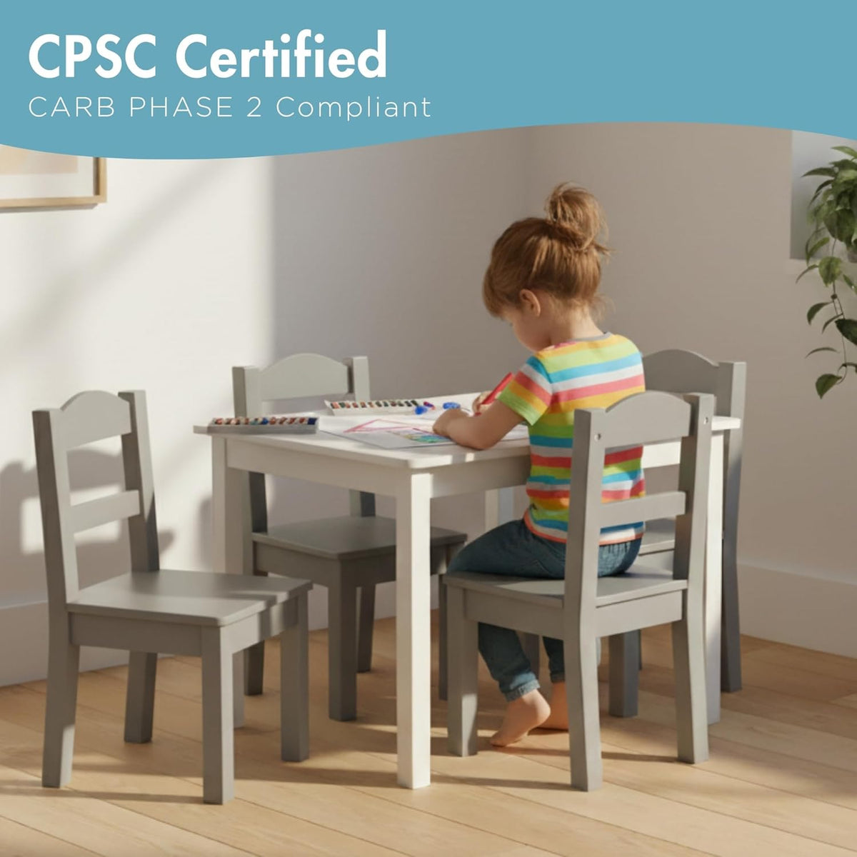 Humble Crew Kindertafel en -stoelen, ontworpen hout, wit/grijs, 66,04 x 55,88 x 48,26 cm