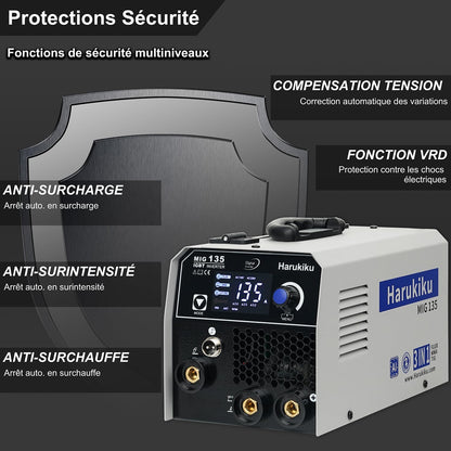 Harukiku135 lasapparaat zonder gas met gevulde draad, 3-in-1 Multiproces Lastoestel (Flux Core MIG/MMA/Lift TIG) met Synchrone Draadaanvoer, Compacte IGBT Inverter voor Professionals & Doe-het-zelvers