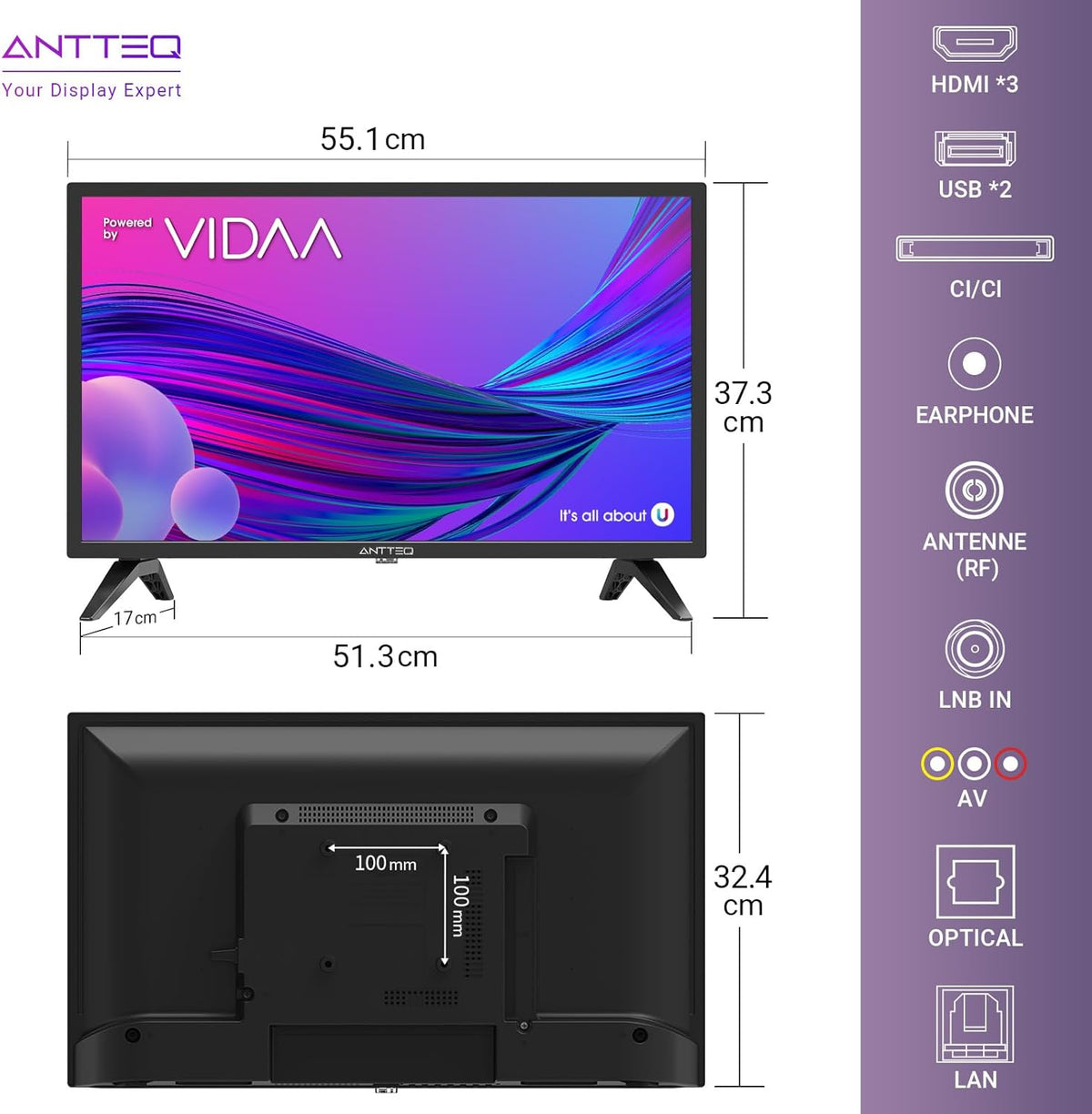 AntteQ AV24H3 Smart TV 24 Inch (60 cm) Televisie met Netflix, Prime Video, Rakuten TV, Disney+, Youtube, UVM, Wifi, Triple Tuner DVB-T2 / S2 / C