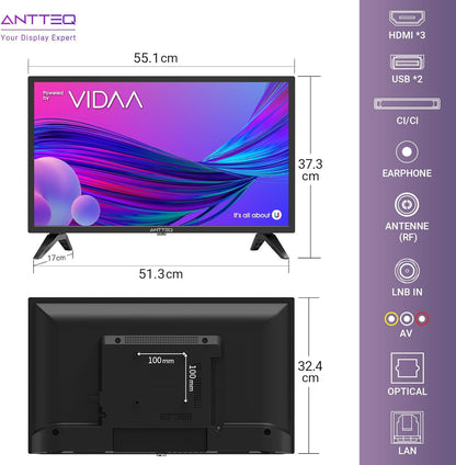 AntteQ AV24H3 Smart TV 24 Inch (60 cm) Televisie met Netflix, Prime Video, Rakuten TV, Disney+, Youtube, UVM, Wifi, Triple Tuner DVB-T2 / S2 / C