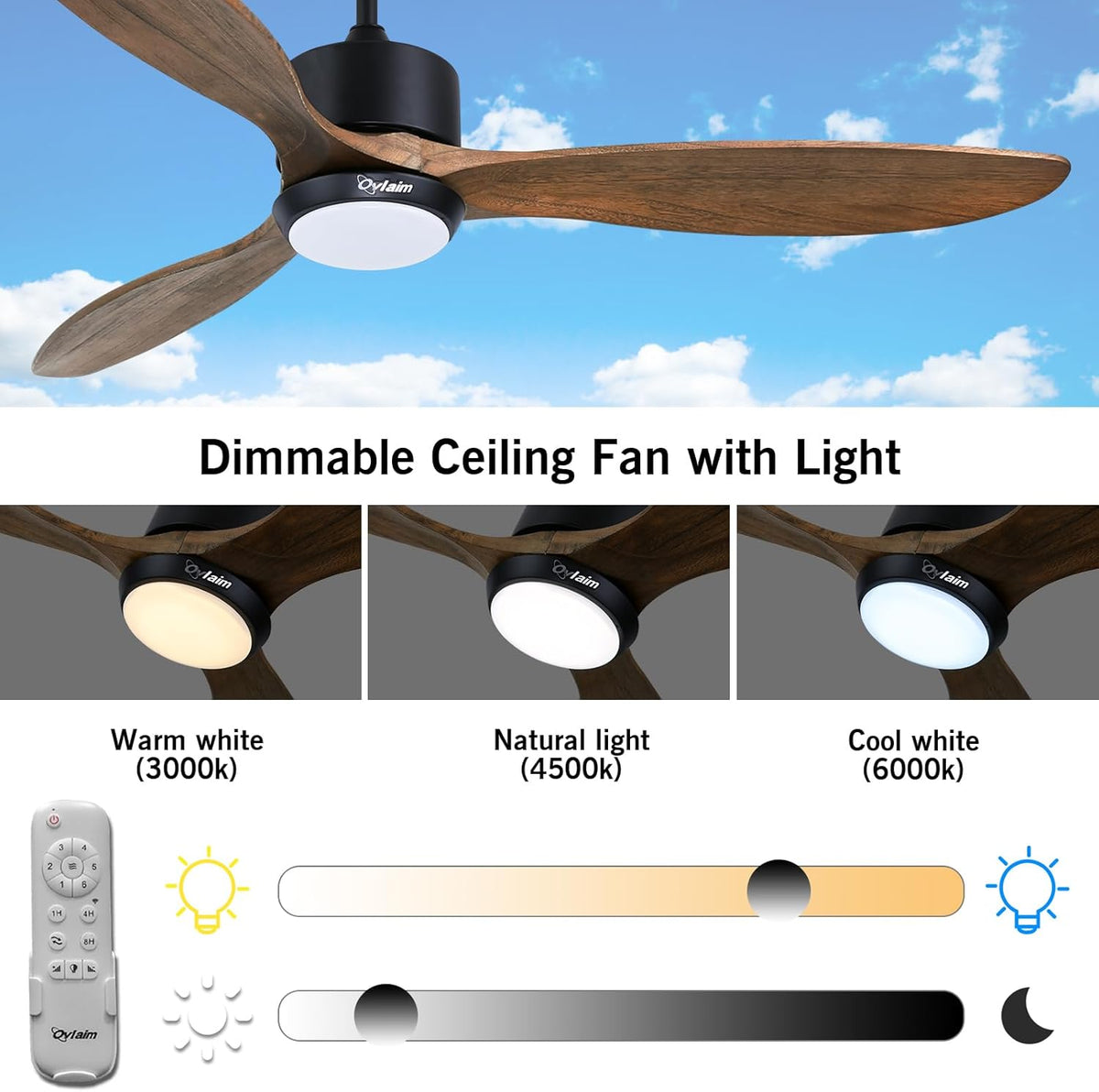 Ovalim 132 cm binnen buiten 3 bladen propeller Smart plafondventilator, stille DC motor massief houten plafondventilator met lichtafstandsbediening, app-besturing