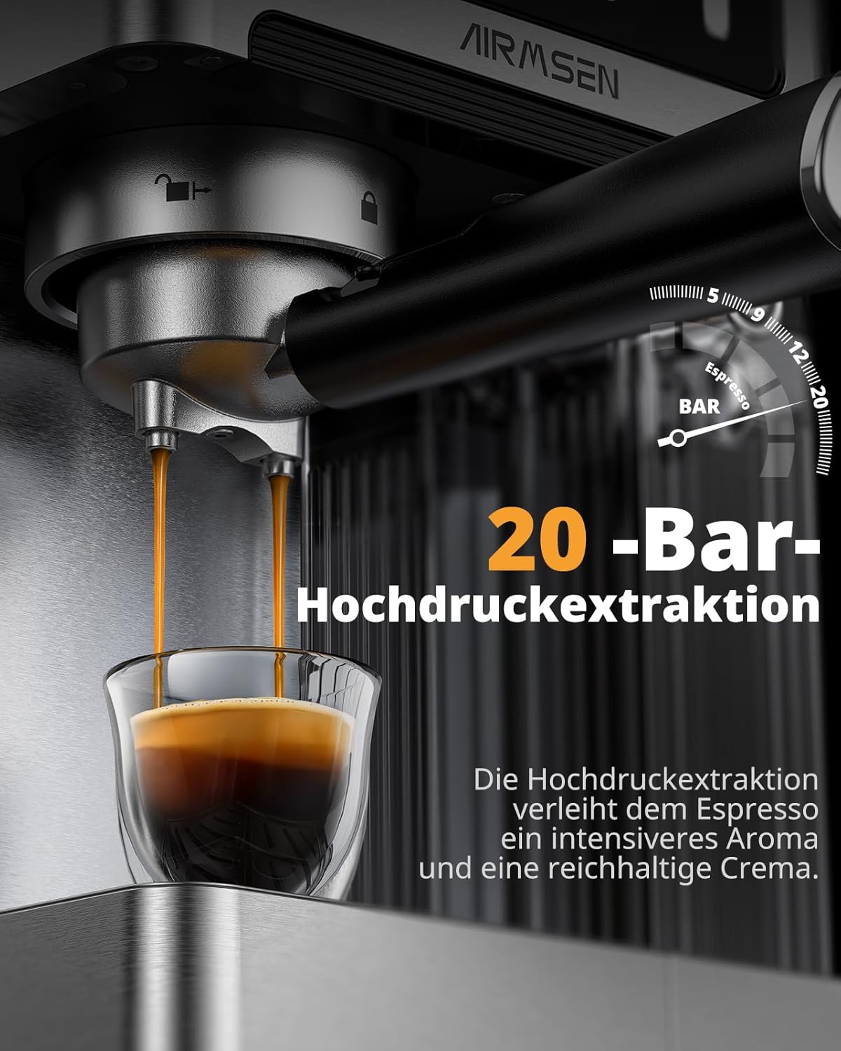 AIRMSEN Espressomachine 20 Bar – Cappuccino & Latte Machine, Dubbelboiler Koffiemachine (1350W & 1000W), Extractie in 15s, Roestvrij Staal, Afneembaar Waterreservoir 1,8L, Touchscreen