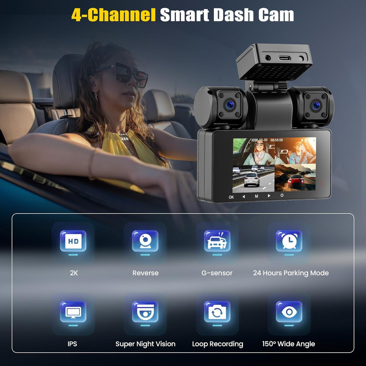 Dashcam Auto – Autocamera – Dashboardcamera – Rijcamera – Camera Voor Auto – 4-Kanaals 2K Voor En Achter – 3 Inch Touchscreen Met Wifi App