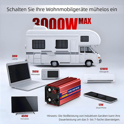 3000W zuivere sinusomvormer DC 24V naar AC 230V spanningsomvormer, omvormer voor voertuigen met krokodillenklem, 2 AC stopcontacten en LCD scherm