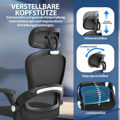 TRALT Ergonomische bureaustoel, bureaustoel met verstelbare hoofdsteun, in hoogte verstelbaar, bureaustoel, ergonomische bureaustoel, gamingstoel, 150 kg, voor lange tijd, zwart