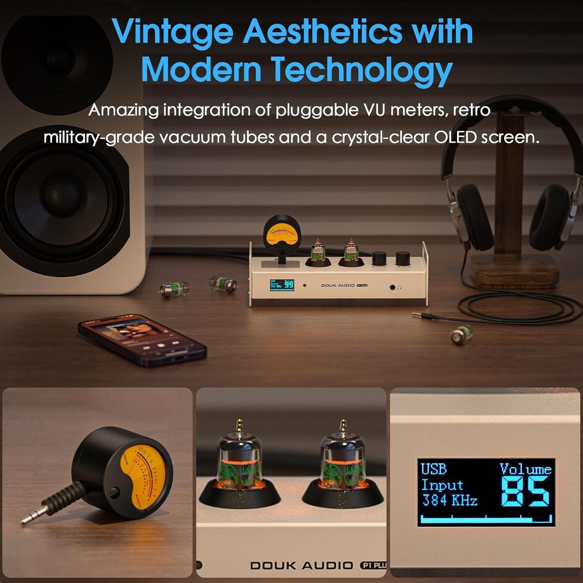 Douk Audio 2-kanaals Bluetooth vacuümbuizen, voorversterker, hifi-hoofdtelefoonversterker, USB-DAC pc-geluidskaart, draadloze ontvanger, audio preamp met VU-meter, optisch, coaxiaal, APTX, LDAC