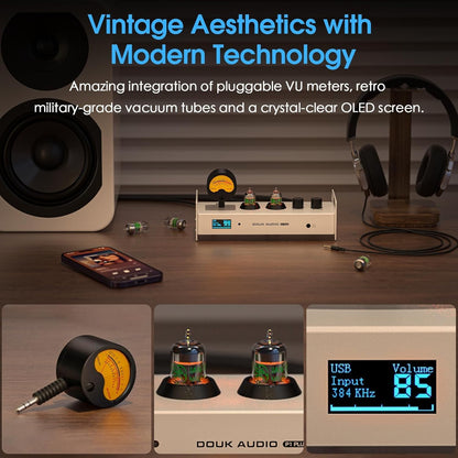 Douk Audio 2-kanaals Bluetooth vacuümbuizen, voorversterker, hifi-hoofdtelefoonversterker, USB-DAC pc-geluidskaart, draadloze ontvanger, audio preamp met VU-meter, optisch, coaxiaal, APTX, LDAC
