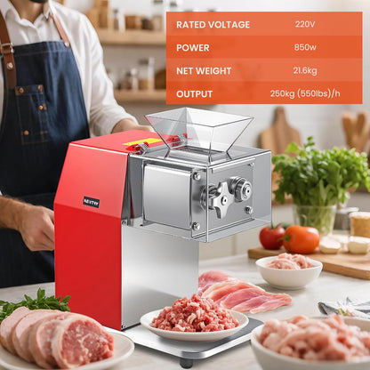 NEWTRY 850 W commerciële vleessnijmachine voor het snijden, snijden en in blokjes snijden van beenloos vlees, roestvrij staal, elektrische allessnijder voor restaurants, kantines, slagerijen (5 mm)