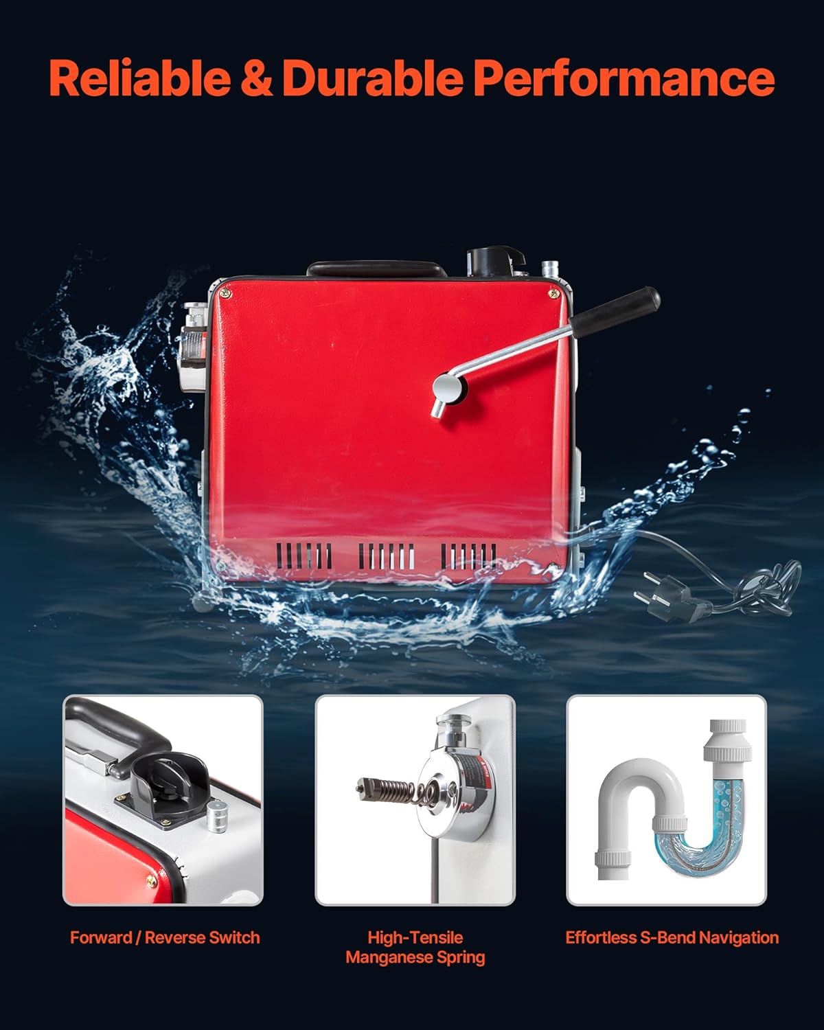 VEVOR Electric Pipe Cleaner 390 W 1400 rpm with 12 m x 16 mm Spring Cable and 6 Cleaning Heads Suitable for Tubes Diameter 50 to 110 mm