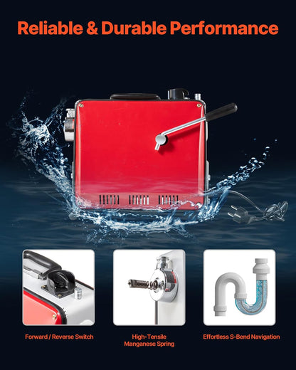 VEVOR Electric Pipe Cleaner 390 W 1400 rpm with 12 m x 16 mm Spring Cable and 6 Cleaning Heads Suitable for Tubes Diameter 50 to 110 mm