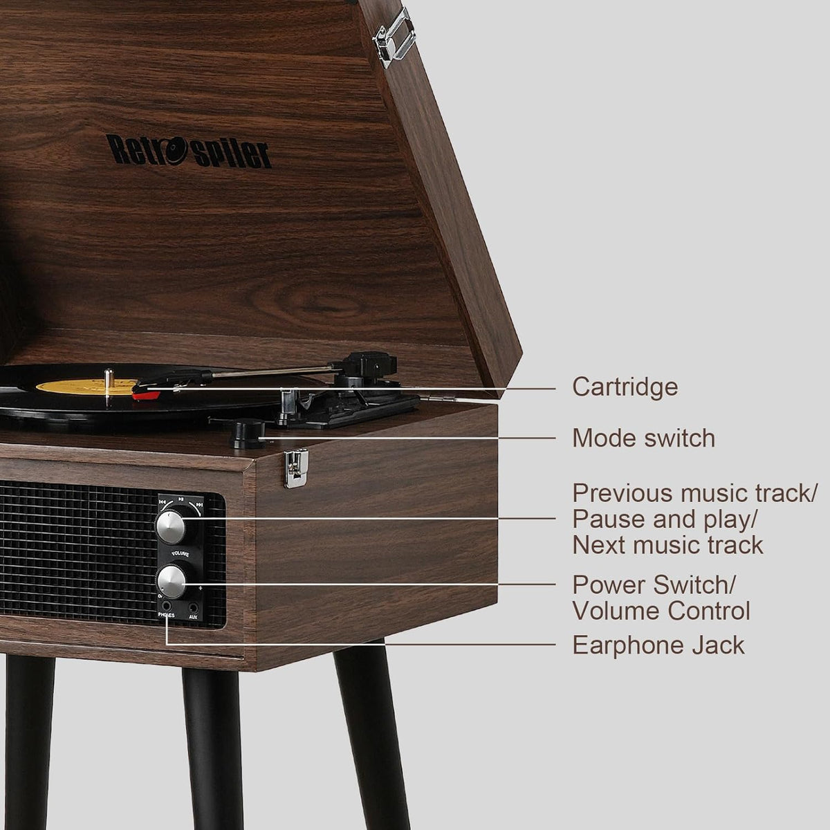 Draaitafel met Standaard – Platenspeler – Vinyl Speler – Retro Platenspeler – Muziekspeler – Espresso Houtlook – 3 Snelheden – Bluetooth, USB-Recorder en Ingebouwde Speakers