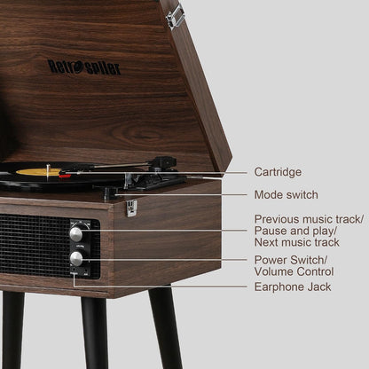 Draaitafel met Standaard – Platenspeler – Vinyl Speler – Retro Platenspeler – Muziekspeler – Espresso Houtlook – 3 Snelheden – Bluetooth, USB-Recorder en Ingebouwde Speakers