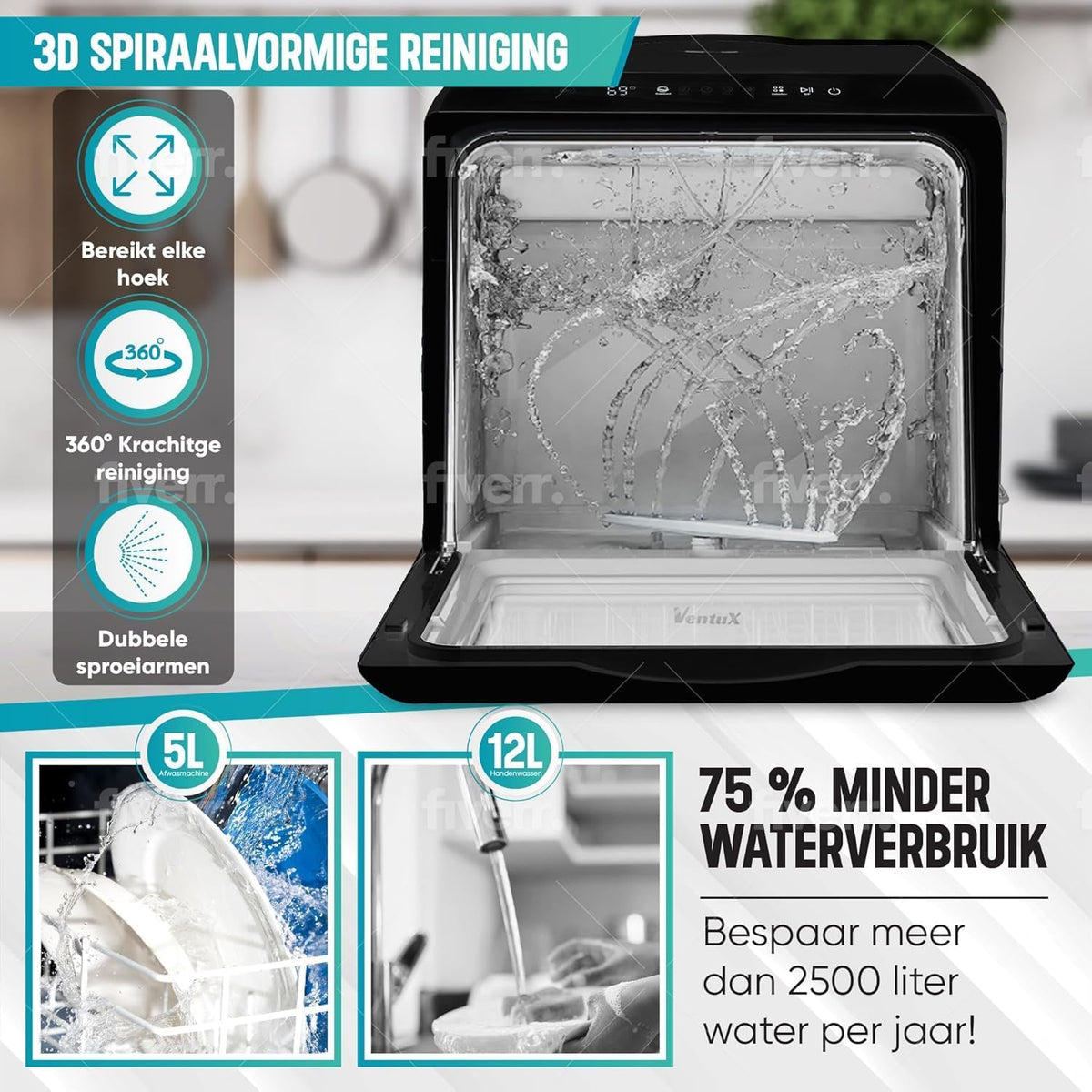 Black Portable Countertop Dishwasher with App Control - 900W 5 Washing Programs - Compact Mini Dishwasher for Apartments, Stainless Steel & Small Kitchens, No Hookup Needed – 42.5 x 43 x 45.7