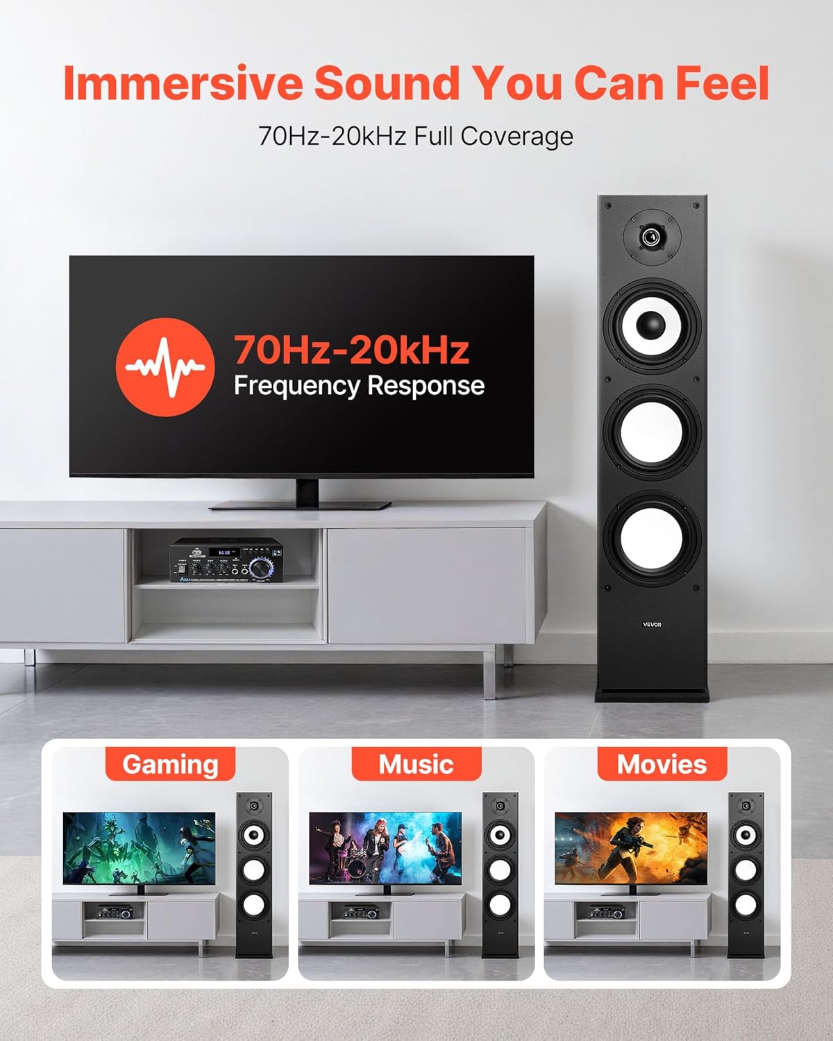 VEVOR Staande luidspreker, 2-weg systeem met 2,54 cm tweeter, 16,51 cm woofer, 200 W piekvermogen, 70 Hz - 20 kHz frequentierespons, robuuste MDF-behuizing, voor thuisaudio, afzonderlijk