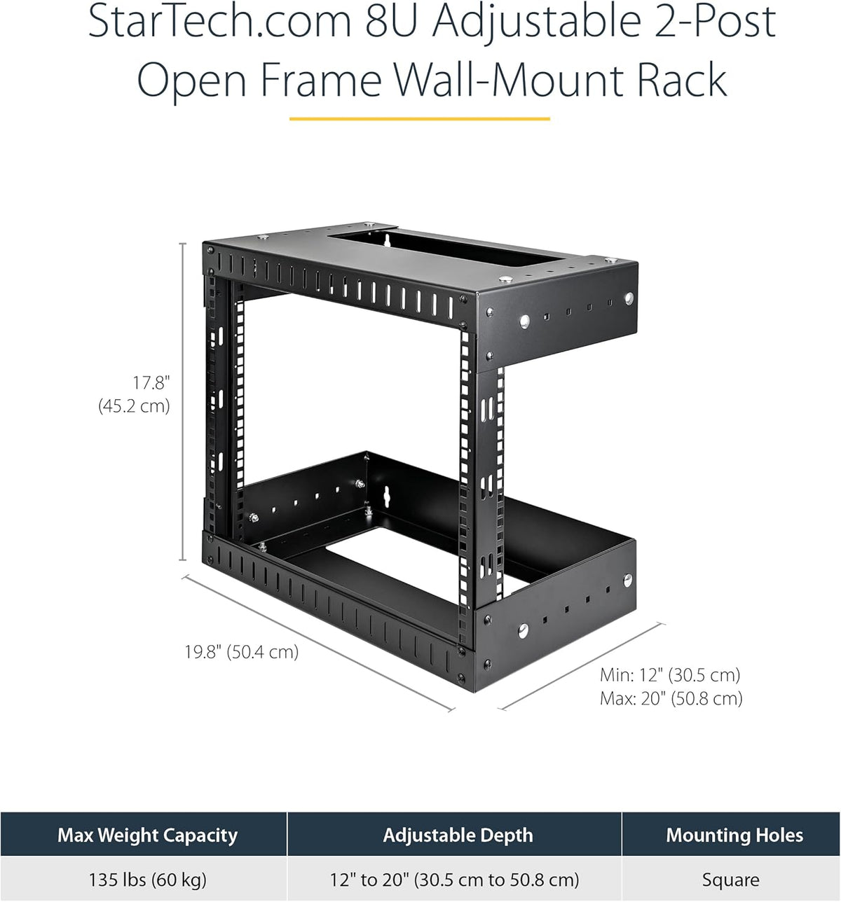 StarTech.com 8U wandrek met 2 stijlen, 19 inch serverrek met open frame, instelbare diepte, wanddata rack voor IT/AV - Inclusief bevestigingsmoeren en schroeven (RK812WALLOA)