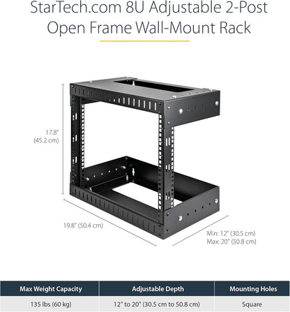 StarTech.com 8U wandrek met 2 stijlen, 19 inch serverrek met open frame, instelbare diepte, wanddata rack voor IT/AV - Inclusief bevestigingsmoeren en schroeven (RK812WALLOA)