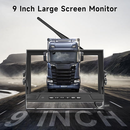 Podofo 2 draadloze achteruitrijcameraset met 9-inch IPS-scherm, HD-achteruitrijcamera's voor vrachtwagens, trailers, campers, bussen, loopopname, IP68 waterdichte BSD-dashcam