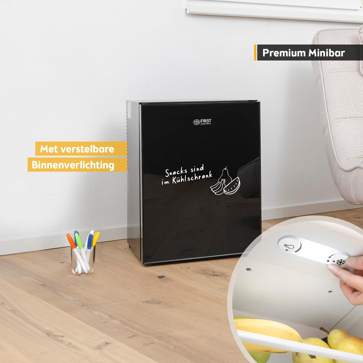 TZS First Austria - Mini koelkast 40L geruisloos - Kleine minikoelkast met verwisselbare deurscharnier & binnenverlichting - Minibar voor camping, kantoor, slaapkamer & hotel - Glazen voorkant