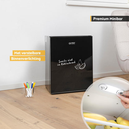TZS First Austria - Mini koelkast 40L geruisloos - Kleine minikoelkast met verwisselbare deurscharnier & binnenverlichting - Minibar voor camping, kantoor, slaapkamer & hotel - Glazen voorkant