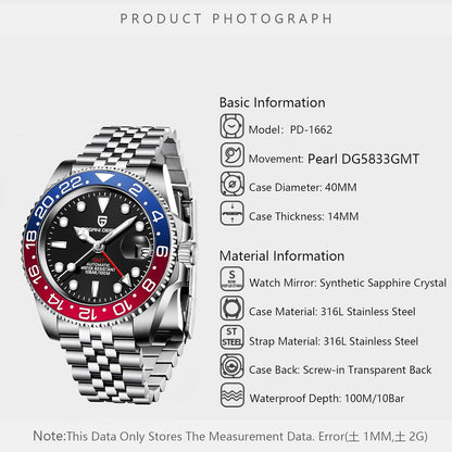 Pagani Design Herenhorloge GMT Automatisch Horloge Klassiek 40 MM Roestvrij Staal Mechanisch Horloge Saffierglas 100M Waterdicht Lichtgevend Casual Sport Modieus Zakelijk Horloge.