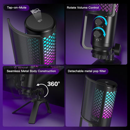 USB-Microfoon – Condensatormicrofoon – Gamingmicrofoon – Podcastmicrofoon – Streamingmicrofoon – RGB-Verlichting – Tap-To-Mute
